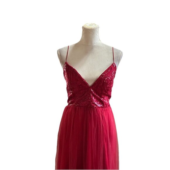 Fashion Nova Dress Cherry Red Ayana Corset Sequin Tulle Mesh Overlay Double Slit - Picture 6 of 16